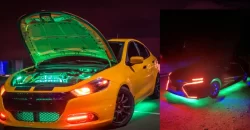 Texas neon underglow laws: Car with legal blue underglow on night highway. Texas vehicle laws, neon underglow, car modifications, vehicle lighting regulations, automotive customization, road safety, legal car accessories