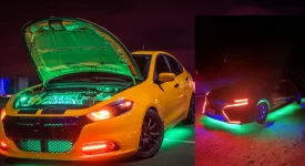 Texas neon underglow laws: Car with legal blue underglow on night highway. Texas vehicle laws, neon underglow, car modifications, vehicle lighting regulations, automotive customization, road safety, legal car accessories