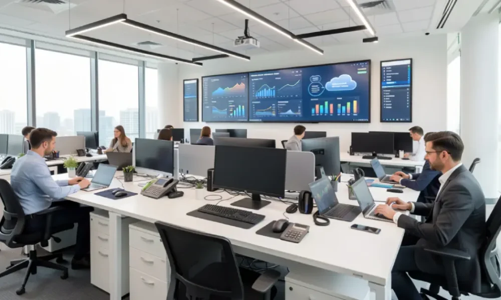 A bright contemporary workspace featuring professionals utilizing advanced Office Technology and cloud collaboration dashboards.