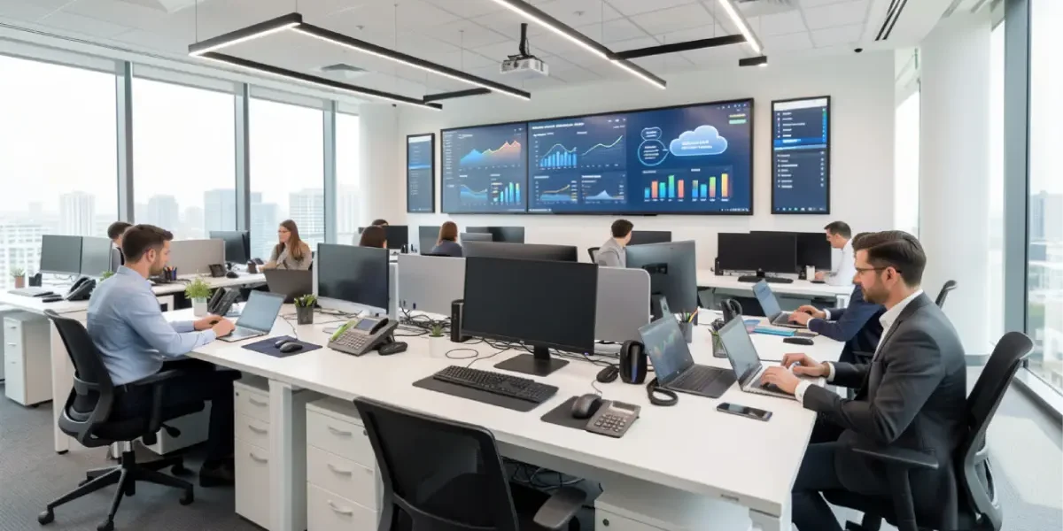 A bright contemporary workspace featuring professionals utilizing advanced Office Technology and cloud collaboration dashboards.