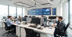 Office Technology Guide for Modern Workplaces – Tools, Tips & Trends A bright contemporary workspace featuring professionals utilizing advanced Office Technology and cloud collaboration dashboards.