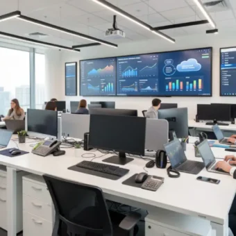 A bright contemporary workspace featuring professionals utilizing advanced Office Technology and cloud collaboration dashboards.