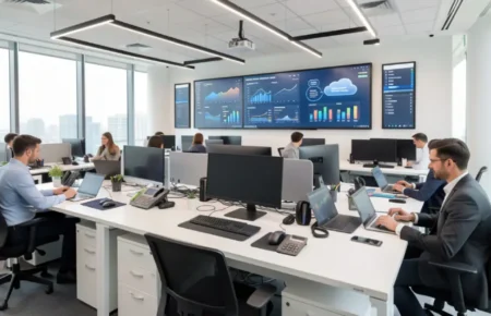 A bright contemporary workspace featuring professionals utilizing advanced Office Technology and cloud collaboration dashboards.
