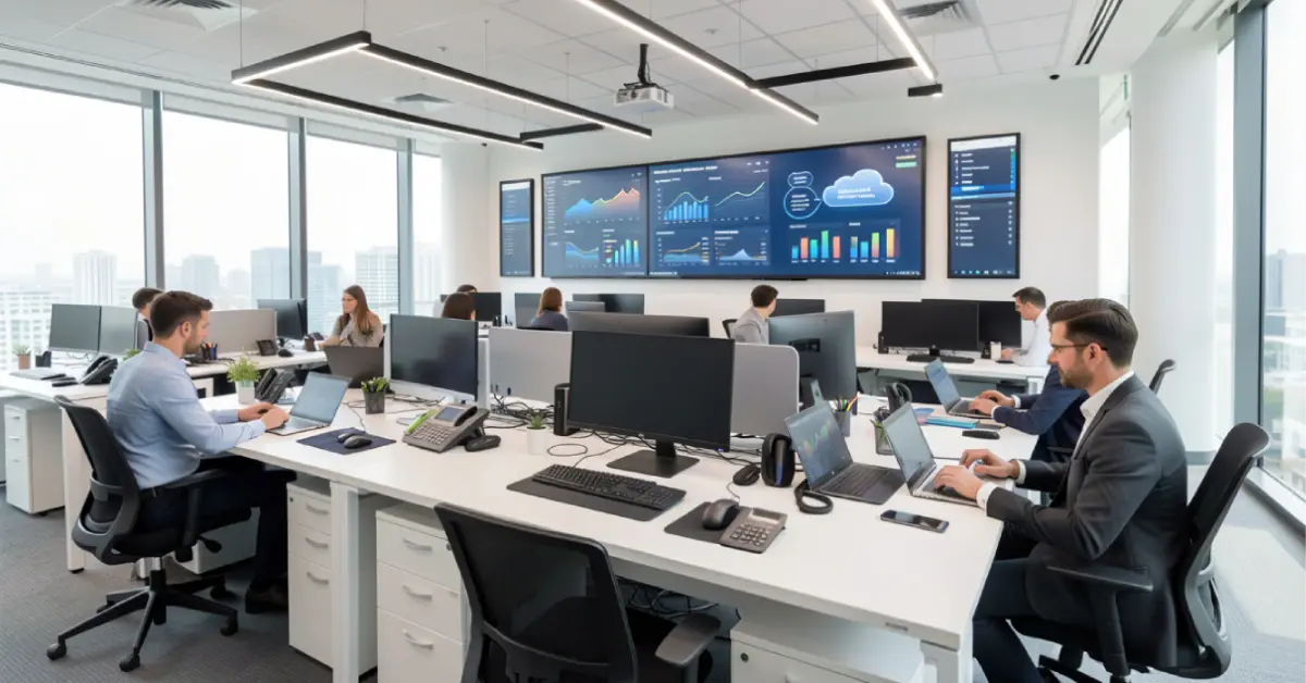 A bright contemporary workspace featuring professionals utilizing advanced Office Technology and cloud collaboration dashboards.
