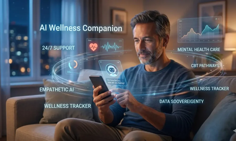 Man Using an AI Wellness Companion App for Mental Health Support at Night
