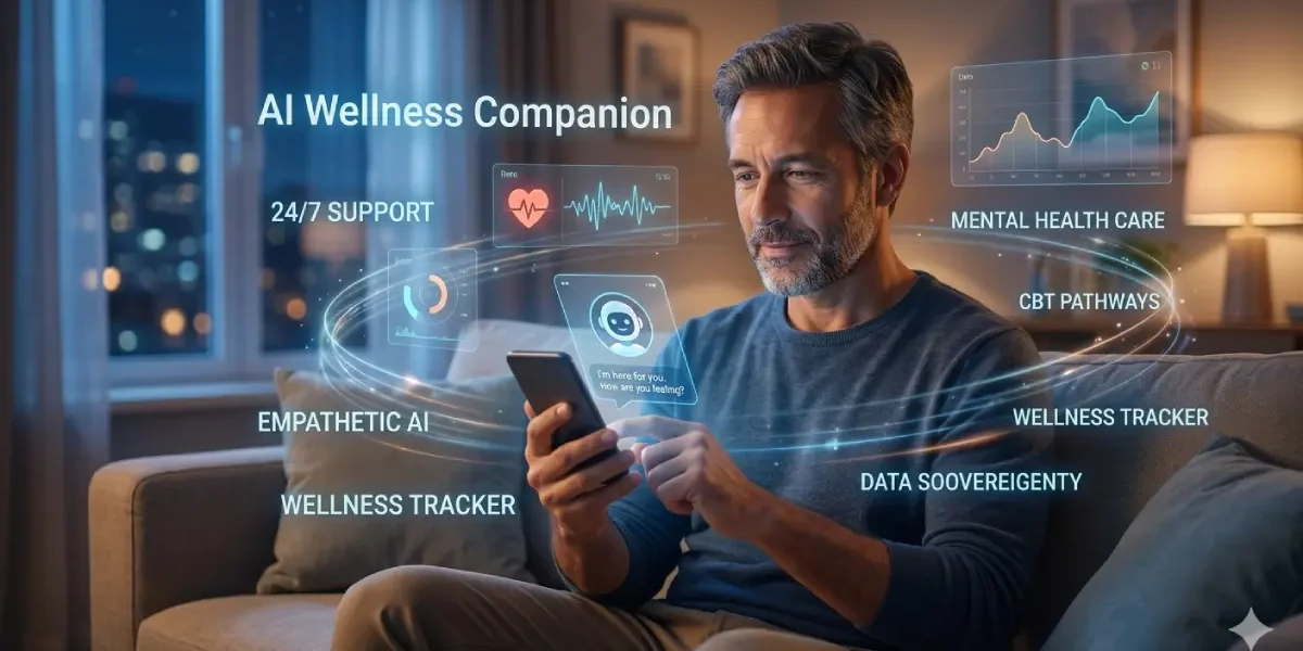 Man Using an AI Wellness Companion App for Mental Health Support at Night