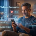 Man Using an AI Wellness Companion App for Mental Health Support at Night