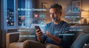 The Sentient Support System: How AI Wellness Companions Are Rewriting Mental Healthcare 2026 Man Using an AI Wellness Companion App for Mental Health Support at Night