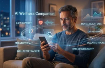 Man Using an AI Wellness Companion App for Mental Health Support at Night