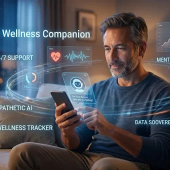 Man Using an AI Wellness Companion App for Mental Health Support at Night