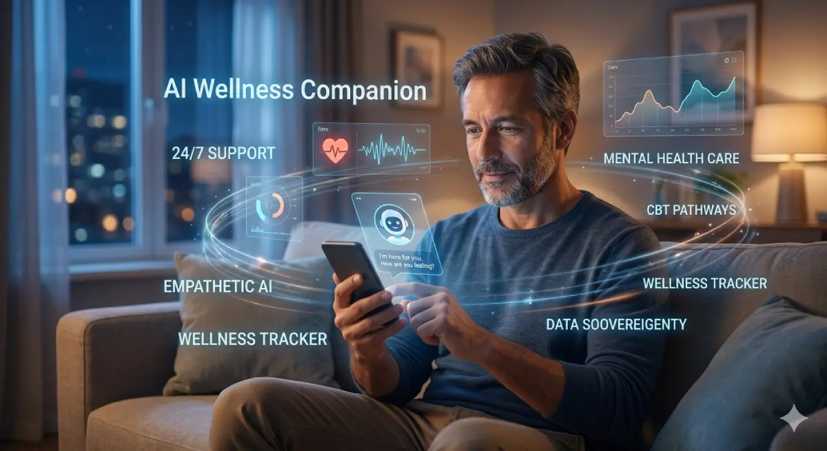Man Using an AI Wellness Companion App for Mental Health Support at Night