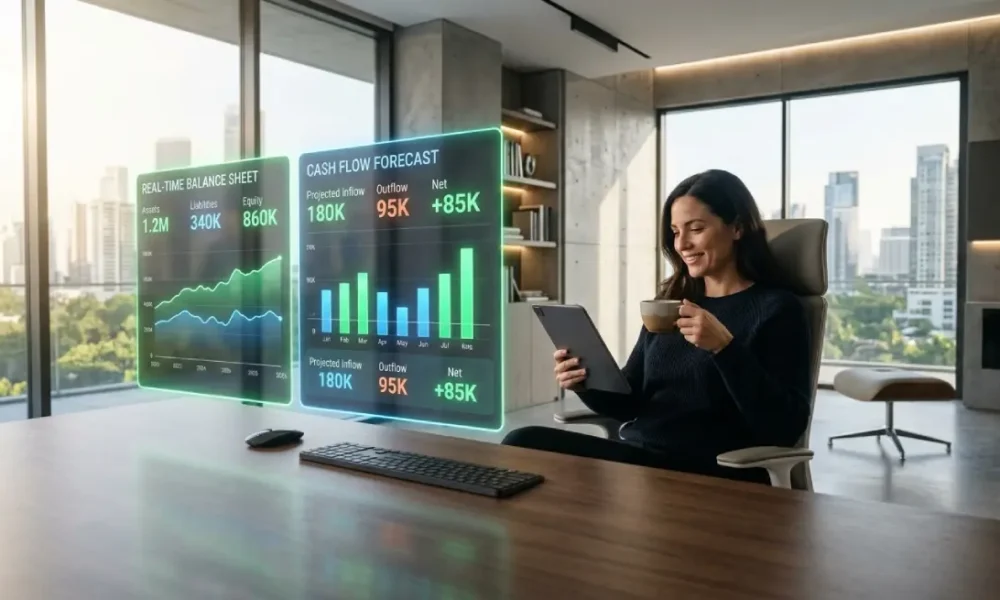 A business owner using an AI bookkeeping agent holographic dashboard for real-time financial forecasting in a modern office.