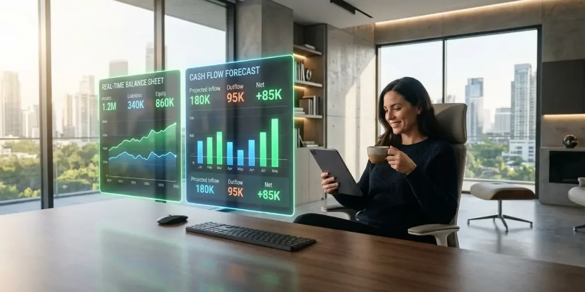 A business owner using an AI bookkeeping agent holographic dashboard for real-time financial forecasting in a modern office.