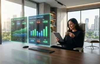A business owner using an AI bookkeeping agent holographic dashboard for real-time financial forecasting in a modern office.