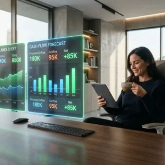 A business owner using an AI bookkeeping agent holographic dashboard for real-time financial forecasting in a modern office.