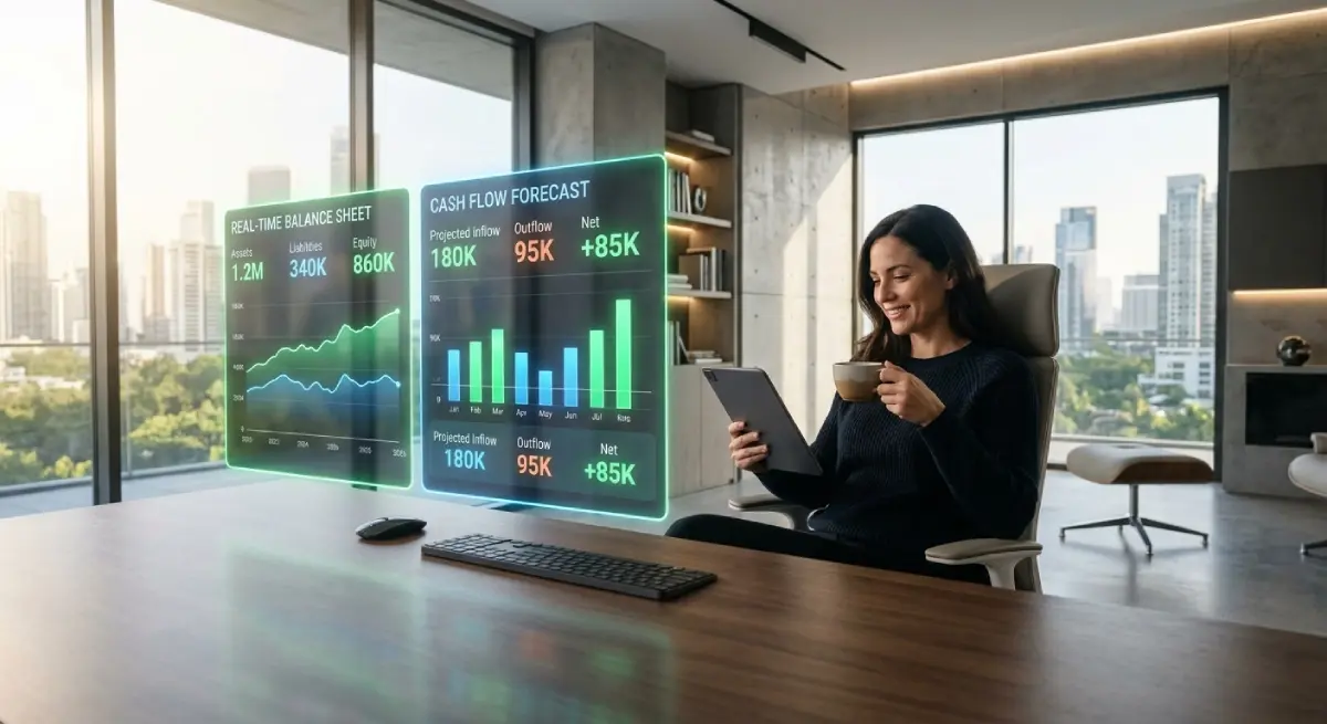 A business owner using an AI bookkeeping agent holographic dashboard for real-time financial forecasting in a modern office.