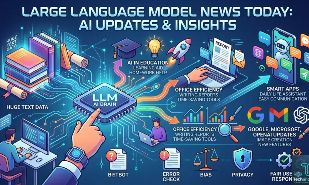 An infographic illustrating Large Language Models, including a central AI brain, applications, and challenges.