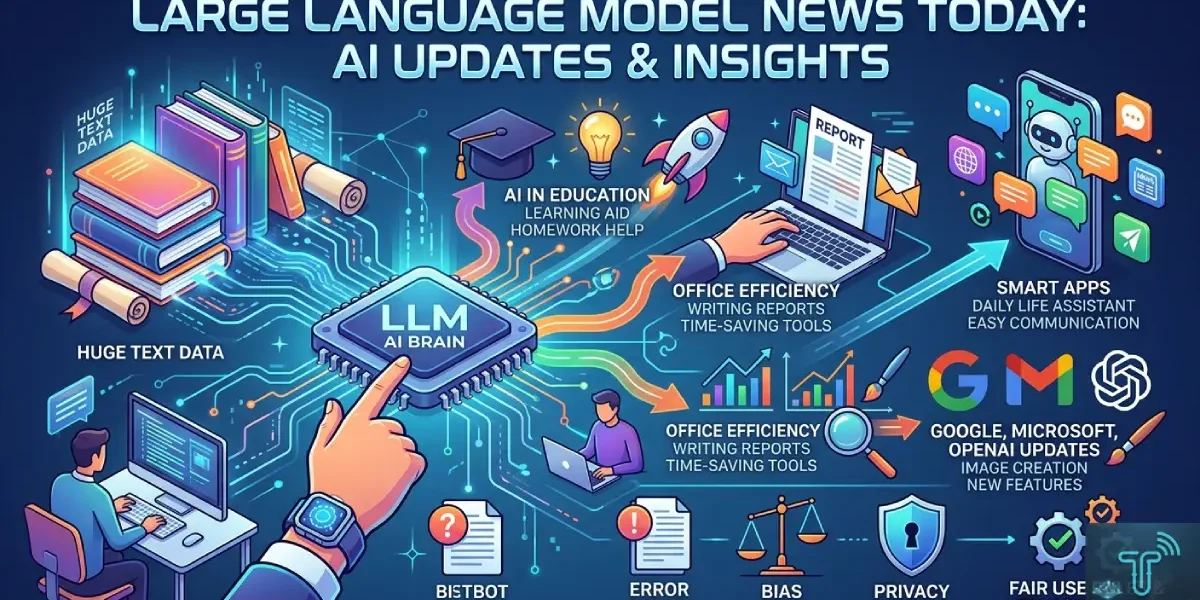 An infographic illustrating Large Language Models, including a central AI brain, applications, and challenges.