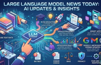 An infographic illustrating Large Language Models, including a central AI brain, applications, and challenges.