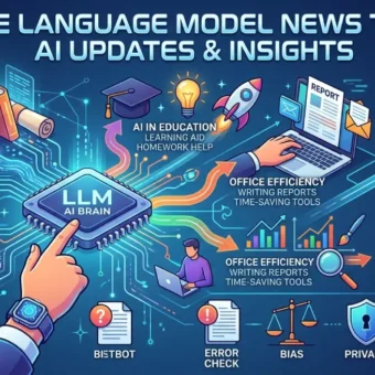 An infographic illustrating Large Language Models, including a central AI brain, applications, and challenges.