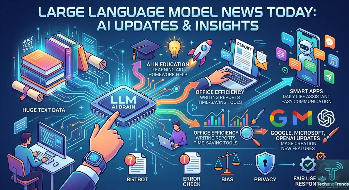 An infographic illustrating Large Language Models, including a central AI brain, applications, and challenges.