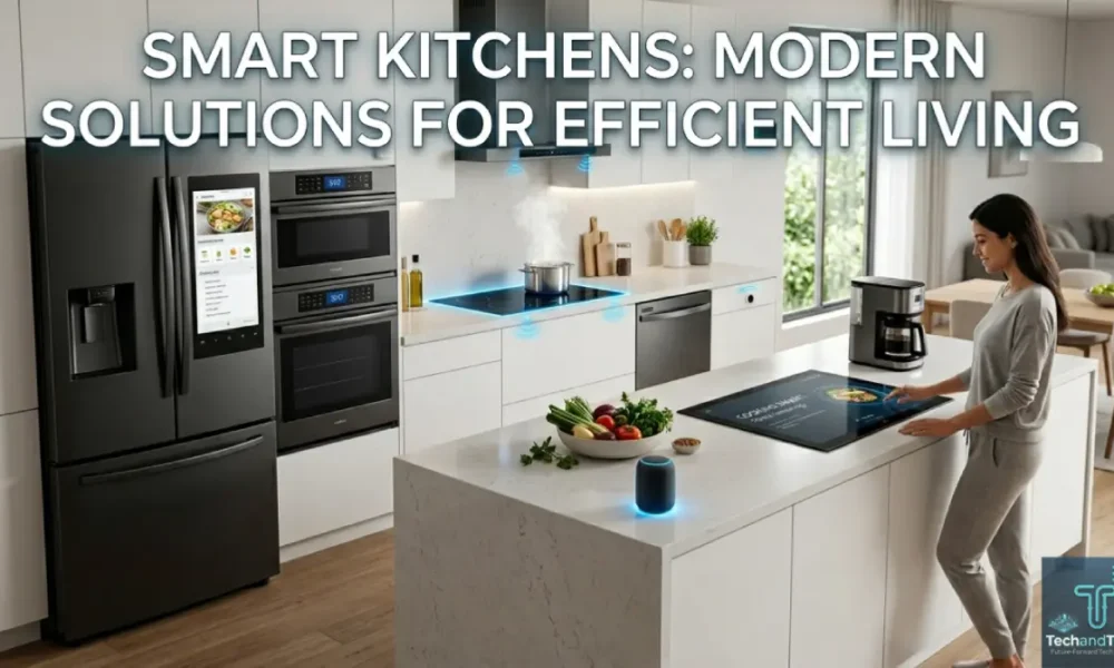 modern smart kitchen designed for efficient living, featuring connected smart appliances and a professional interior designer.