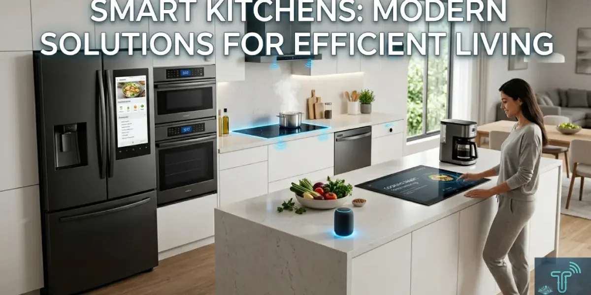 modern smart kitchen designed for efficient living, featuring connected smart appliances and a professional interior designer.
