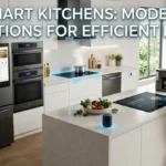 modern smart kitchen designed for efficient living, featuring connected smart appliances and a professional interior designer.