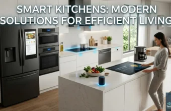 modern smart kitchen designed for efficient living, featuring connected smart appliances and a professional interior designer.