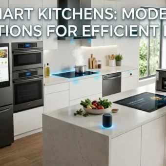 modern smart kitchen designed for efficient living, featuring connected smart appliances and a professional interior designer.