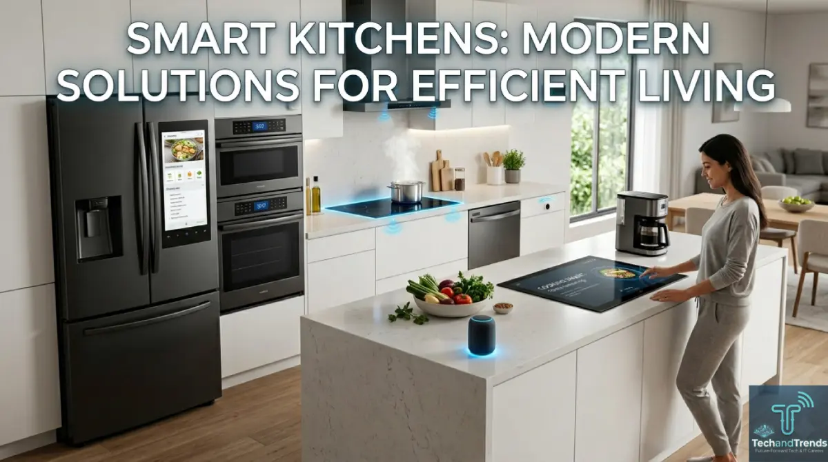 modern smart kitchen designed for efficient living, featuring connected smart appliances and a professional interior designer.