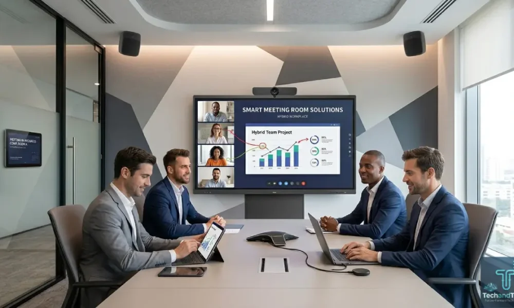 Smart Meeting Room with interactive display, video conferencing system, and wireless collaboration tools for hybrid teams