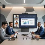 Smart Meeting Room with interactive display, video conferencing system, and wireless collaboration tools for hybrid teams