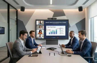 Smart Meeting Room with interactive display, video conferencing system, and wireless collaboration tools for hybrid teams