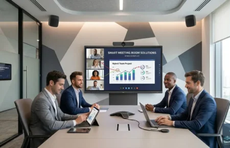 Smart Meeting Room with interactive display, video conferencing system, and wireless collaboration tools for hybrid teams
