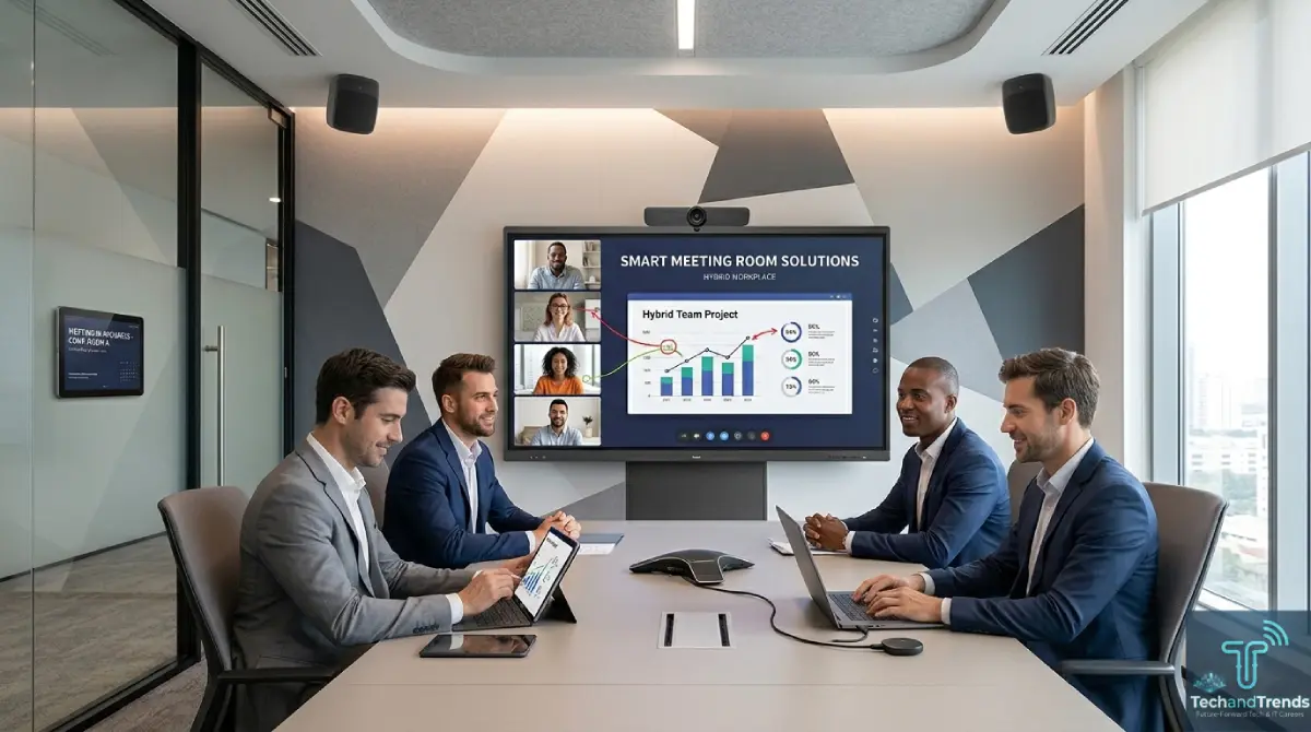 Smart Meeting Room with interactive display, video conferencing system, and wireless collaboration tools for hybrid teams