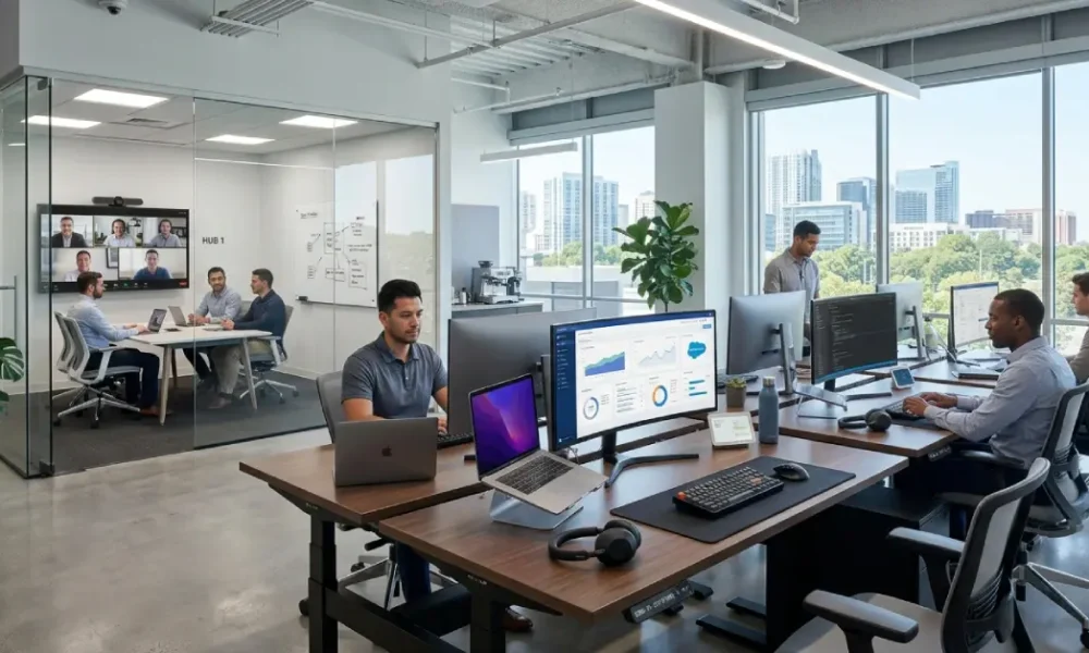 Smart Office Technology workspace with automated desks, digital screens, and IoT devices