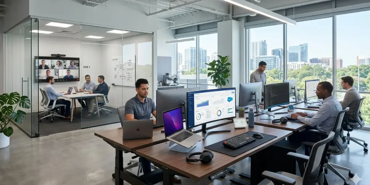 Smart Office Technology workspace with automated desks, digital screens, and IoT devices