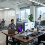Smart Office Technology workspace with automated desks, digital screens, and IoT devices