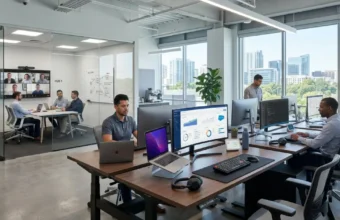 Smart Office Technology workspace with automated desks, digital screens, and IoT devices
