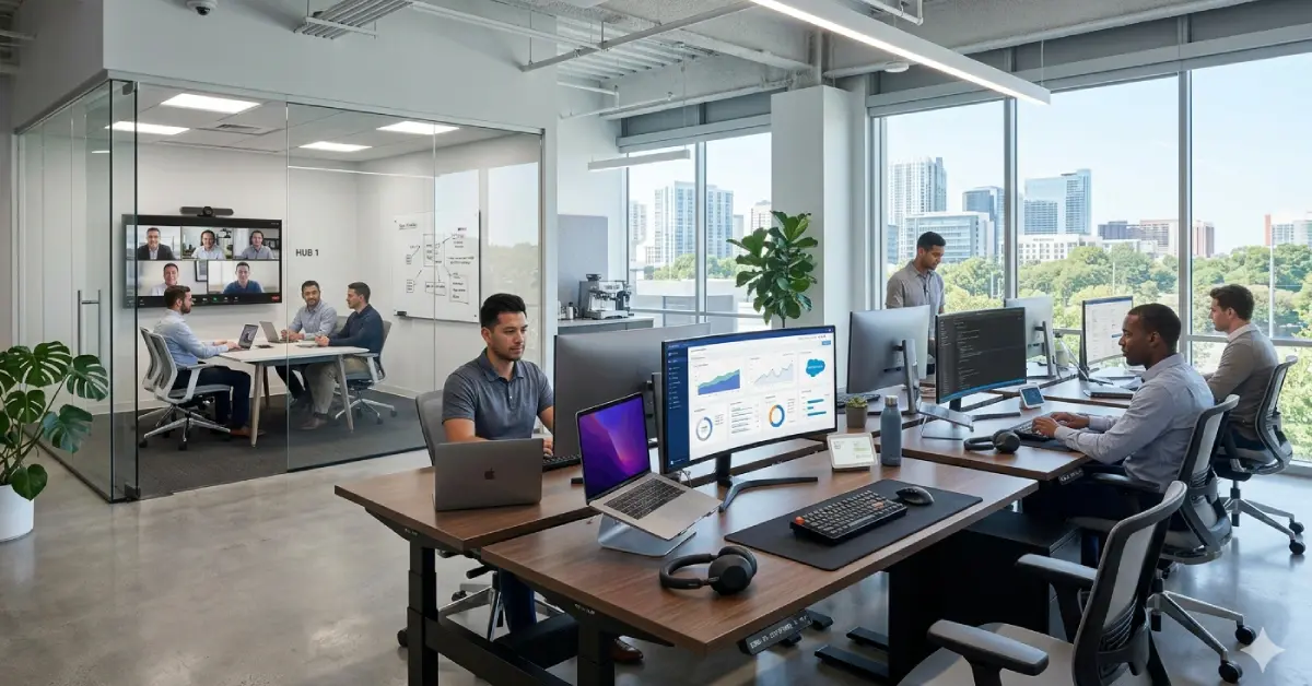 Smart Office Technology workspace with automated desks, digital screens, and IoT devices