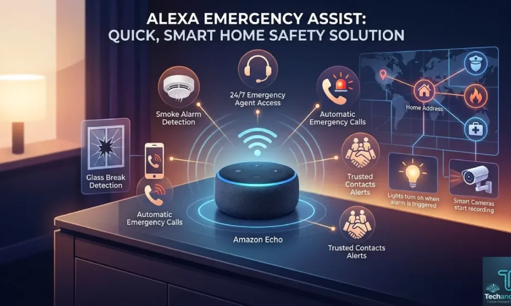 Alexa Emergency Assist visualization showing smart home safety alerts and calls on an Amazon Echo.