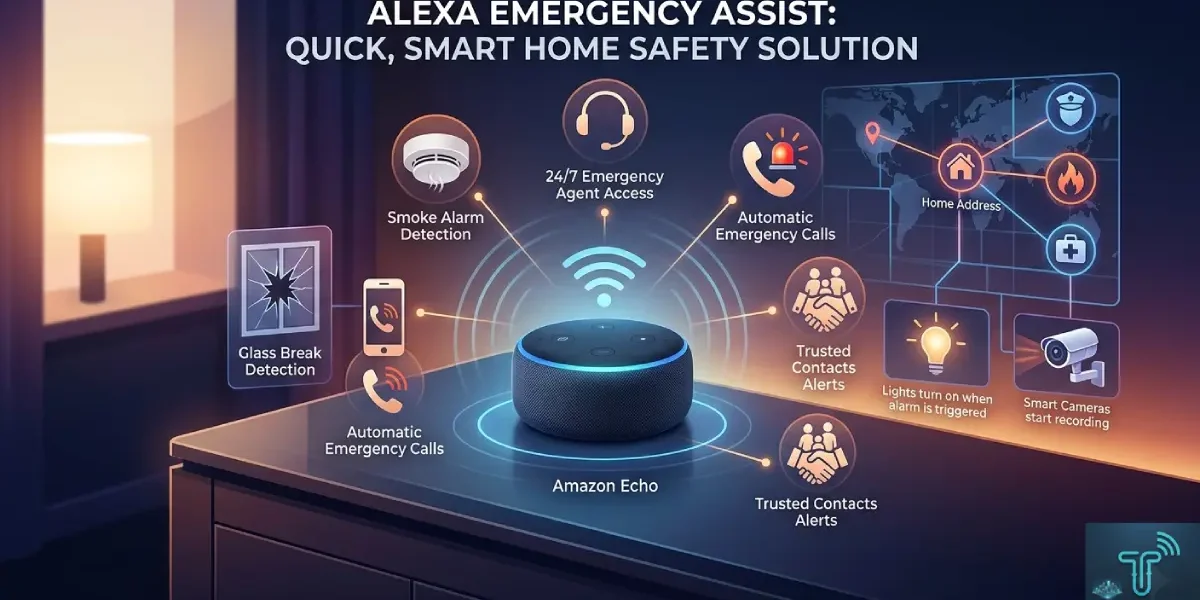 Alexa Emergency Assist visualization showing smart home safety alerts and calls on an Amazon Echo.