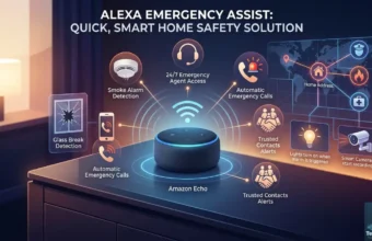 Alexa Emergency Assist visualization showing smart home safety alerts and calls on an Amazon Echo.