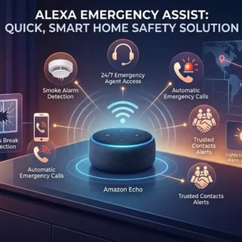 Alexa Emergency Assist visualization showing smart home safety alerts and calls on an Amazon Echo.