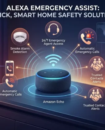 Alexa Emergency Assist visualization showing smart home safety alerts and calls on an Amazon Echo.