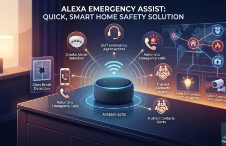 Alexa Emergency Assist visualization showing smart home safety alerts and calls on an Amazon Echo.