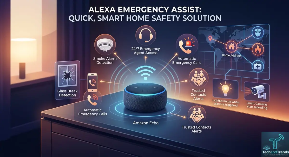 Alexa Emergency Assist visualization showing smart home safety alerts and calls on an Amazon Echo.