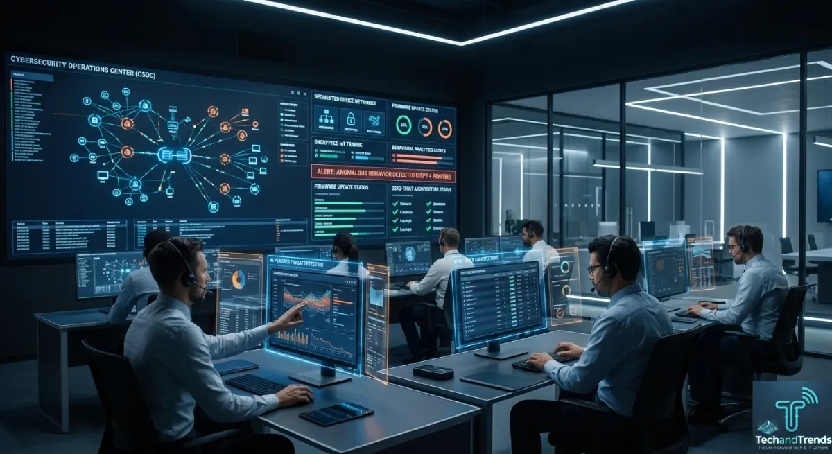 Enterprise cybersecurity team monitoring IoT office security with AI threat detection and network segmentation tools