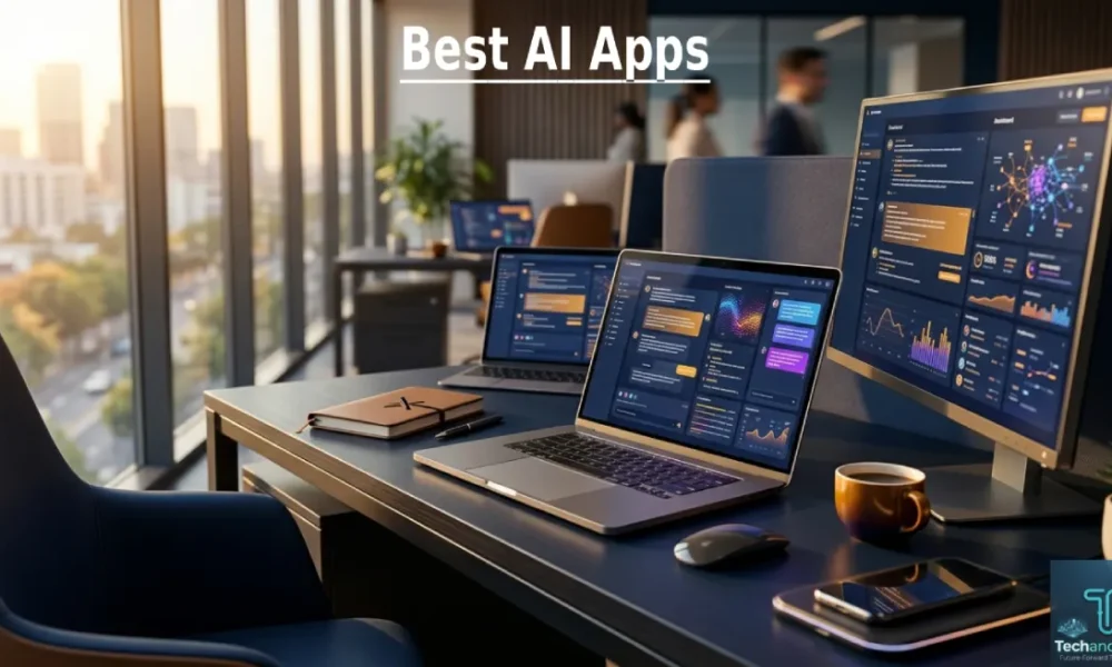 A professional workspace showing multiple screens with the best AI apps open, glowing interfaces in warm morning light.